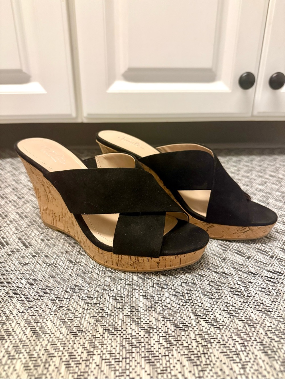 Charles by Charles David Black Suede Cork Wedge Slide Sandals